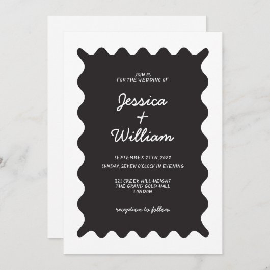 白黒の波打縁ど線結婚の 招待状 (正面/裏面)