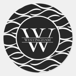 白黒の波模様モノグラム（名前あり） ラウンドシール