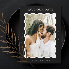 白黒の波状の写真モダン日付の保存 招待状