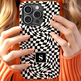 白黒の波状チェックモノグラム iPhone 15ケース