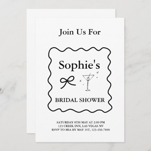 白黒の波状レトロブライダルシャワー、マルティーニ 招待状 (正面/裏面)