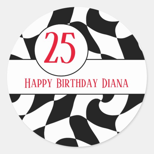 白黒の波状、市松模様に紙プレート ラウンドシール (正面)