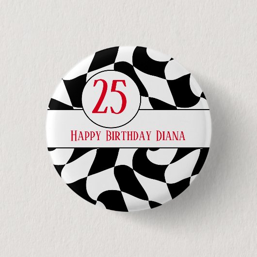 白黒の波状、市松模様に紙プレート 缶バッジ (正面)