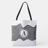 白黒の波線と文字を含むオペアート トートバッグ (正面)
