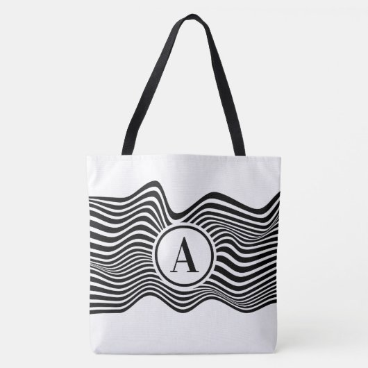 白黒の波線と文字を含むオペアート トートバッグ (正面)