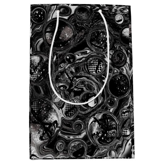 白黒の流体アートモダン抽象芸術 ミディアムペーパーバッグ (正面)