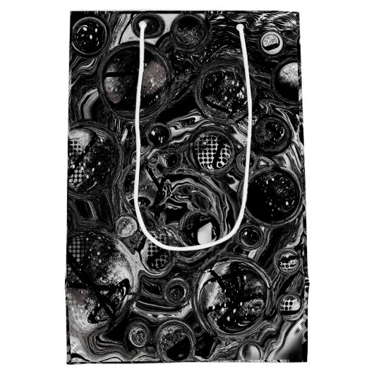 白黒の流体アートモダン抽象芸術 ミディアムペーパーバッグ (裏面)