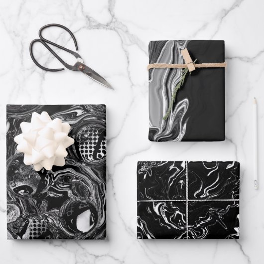 白黒の流体アートモダン抽象芸術 ラッピングペーパーシート (正面)