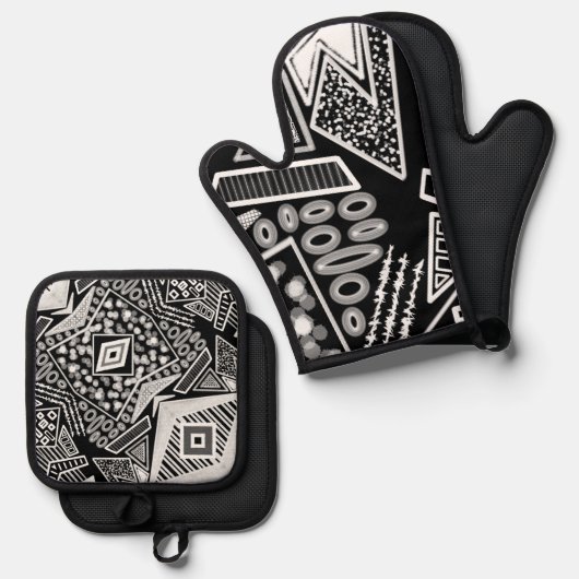 白黒の滑走路ファッションインスパイア 鍋つかみ&鍋敷きセット (正面/裏面)