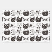 白黒の漫画の猫顔とハート ラッピングペーパーシート (正面)
