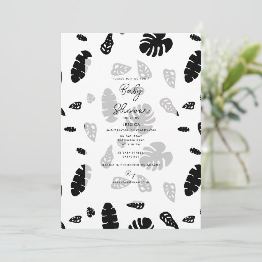 白黒の熱帯の夏の夏離れの赤ちゃんシャワー 招待状 (スタンド正面)