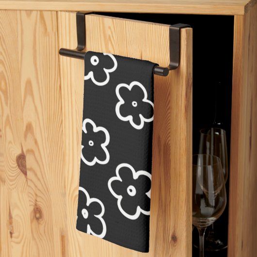 白黒の熱帯フローラの夏 キッチンタオル (三つ折り)