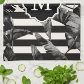 白黒の熱帯葉 キッチンタオル (折り畳み)