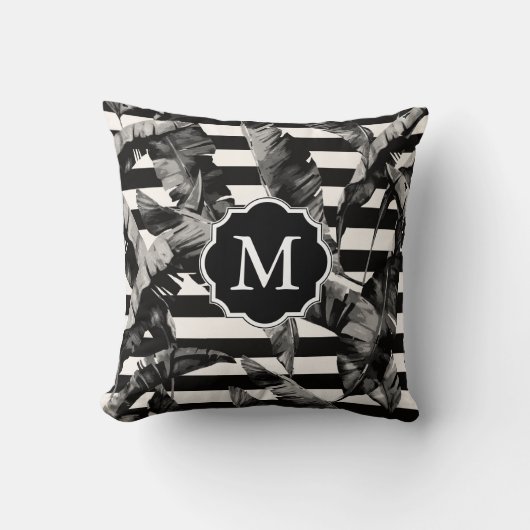 白黒の熱帯葉 クッション (正面)