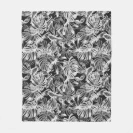 白黒の熱帯葉 フリースブランケット