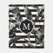 白黒の熱帯葉 フリースブランケット (正面)
