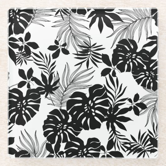 白黒の熱帯：シルエット自然 ガラスコースター (正面)