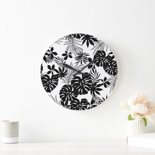 白黒の熱帯:シルエット自然 ラージ壁時計 (ホーム)