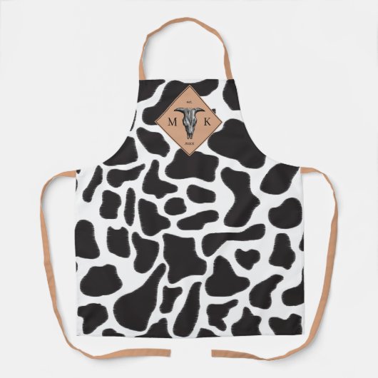 白黒の牛の斑点の動物のパターンのモノグラム エプロン (正面)