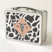 白黒の牛の斑点の動物のパターンのモノグラム メタルランチボックス (裏面)