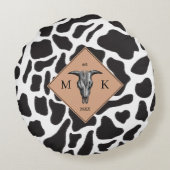 白黒の牛の斑点の動物のパターンのモノグラム ラウンドクッション (裏面)
