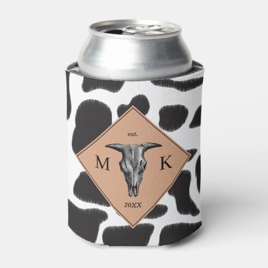 白黒の牛の斑点の動物のパターンのモノグラム 缶クーラー (缶正面)