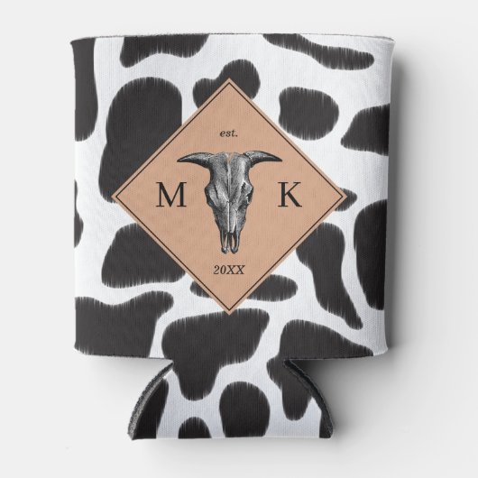 白黒の牛の斑点の動物のパターンのモノグラム 缶クーラー (正面)