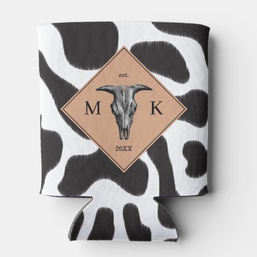 白黒の牛の斑点の動物のパターンのモノグラム 缶クーラー (裏面)