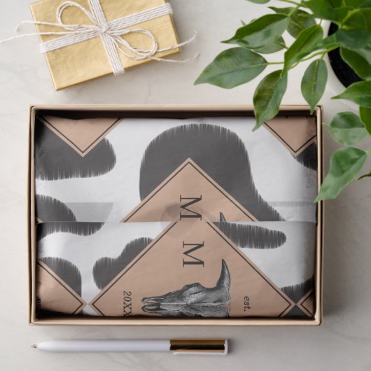 白黒の牛の斑点の動物のパターンのモノグラム 薄葉紙 (ギフト)