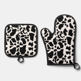 白黒の牛の斑点アニマルプリントパターン 鍋つかみ&鍋敷きセット