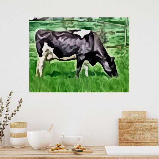 白黒の牛の絵画放牧。 ポスター (キッチン)