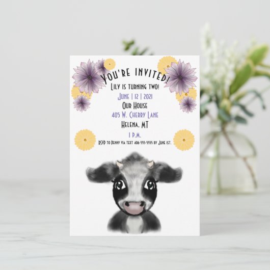 白黒の牛の誕生日カスタマイズ 招待状 (スタンド正面)