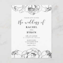 白黒の牡丹のエレガントな結婚式の招待状 ポストカード