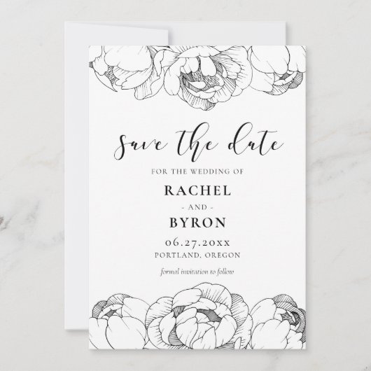 白黒の牡丹のエレガントな結婚式 セーブザデート (正面)