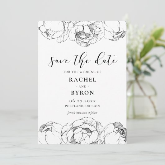 白黒の牡丹のエレガントな結婚式 セーブザデート (スタンド正面)