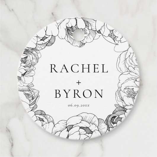 白黒の牡丹のエレガントな結婚式 フェイバータグ (正面)