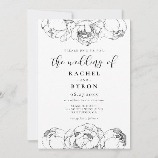 白黒の牡丹のエレガントな結婚式 招待状 (正面)