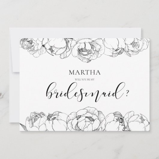 白黒の牡丹のブライドメイド提案カード 招待状 (正面)