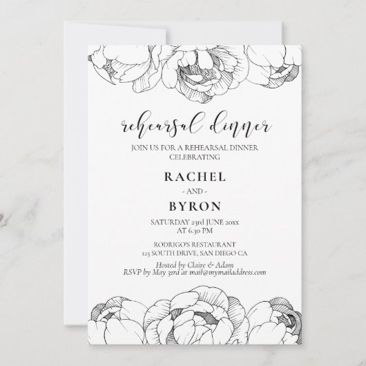 白黒の牡丹のリハーサルエレガントディナー 招待状 (正面)
