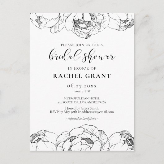 白黒の牡丹ブライダルシャワーへの招待 ポストカード (正面)