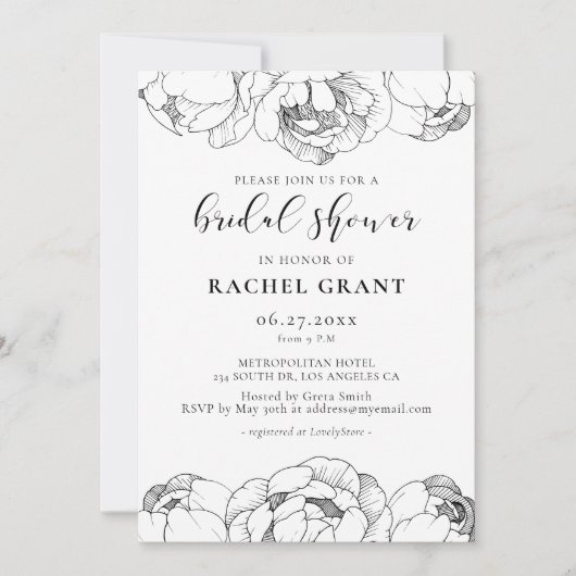 白黒の牡丹ブライダルシャワーへの招待 招待状 (正面)