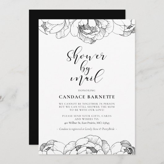 白黒の牡丹ベビーシャワー(郵便) 招待状 (正面/裏面)