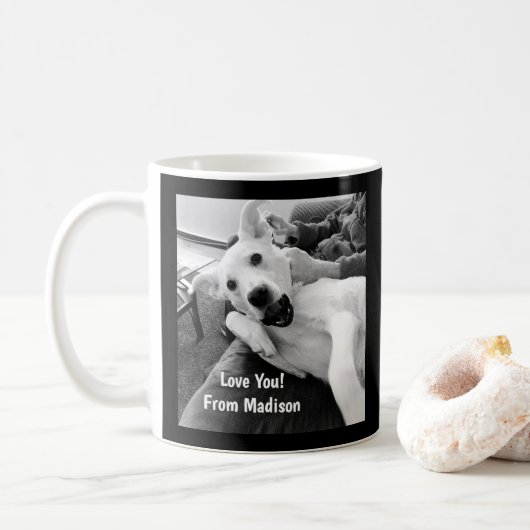白黒の犬と遊パパの写真 コーヒーマグカップ (ドーナツ)