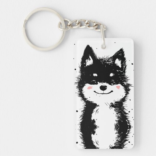白黒の犬のスマイル キーホルダー (正面)