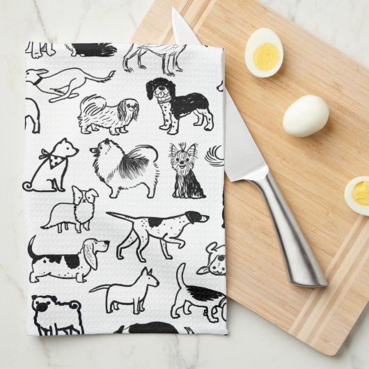 白黒の犬のパターン |かわいい犬の恋人 キッチンタオル (四つ折り)