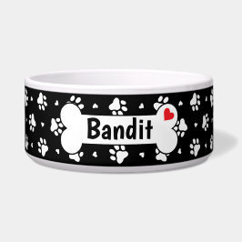 白黒の犬の手のプリントとハートパターン ボウル