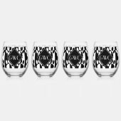 白黒の犬の手足とストライプモノグラム ステムなしワイングラス (正面)