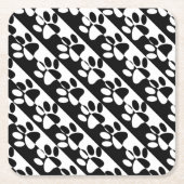 白黒の犬の手足とストライプ スクエアペーパーコースター (正面)