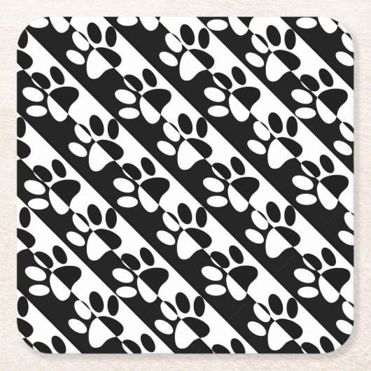 白黒の犬の手足とストライプ スクエアペーパーコースター (正面)
