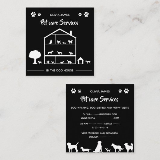白黒の犬舎ペットケアサービス スクエア名刺 (正面/裏面)